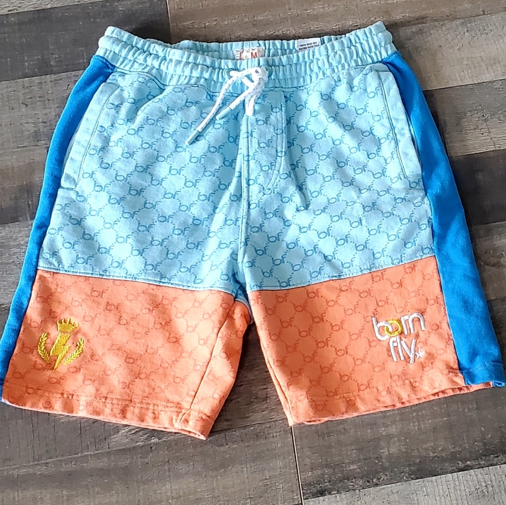 Born Fly Cotton Fleece Colorblock Logo Print Blue/Orange Pull-on Shorts, Med,